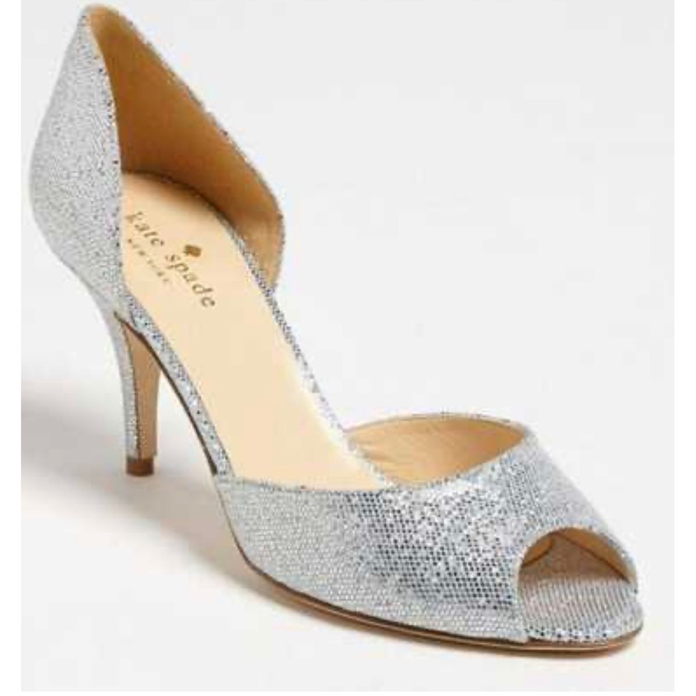 Kate Spade Silver Glitter Peep Toe D'Orsay Kitten Heels Size 6 B Made in Italy